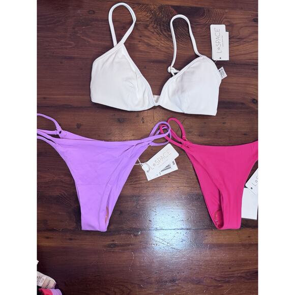 l*space Other - L*Space Ribbed Helena Bikini Top White & Wilder Bottom Hot Pink & Purple S NWT